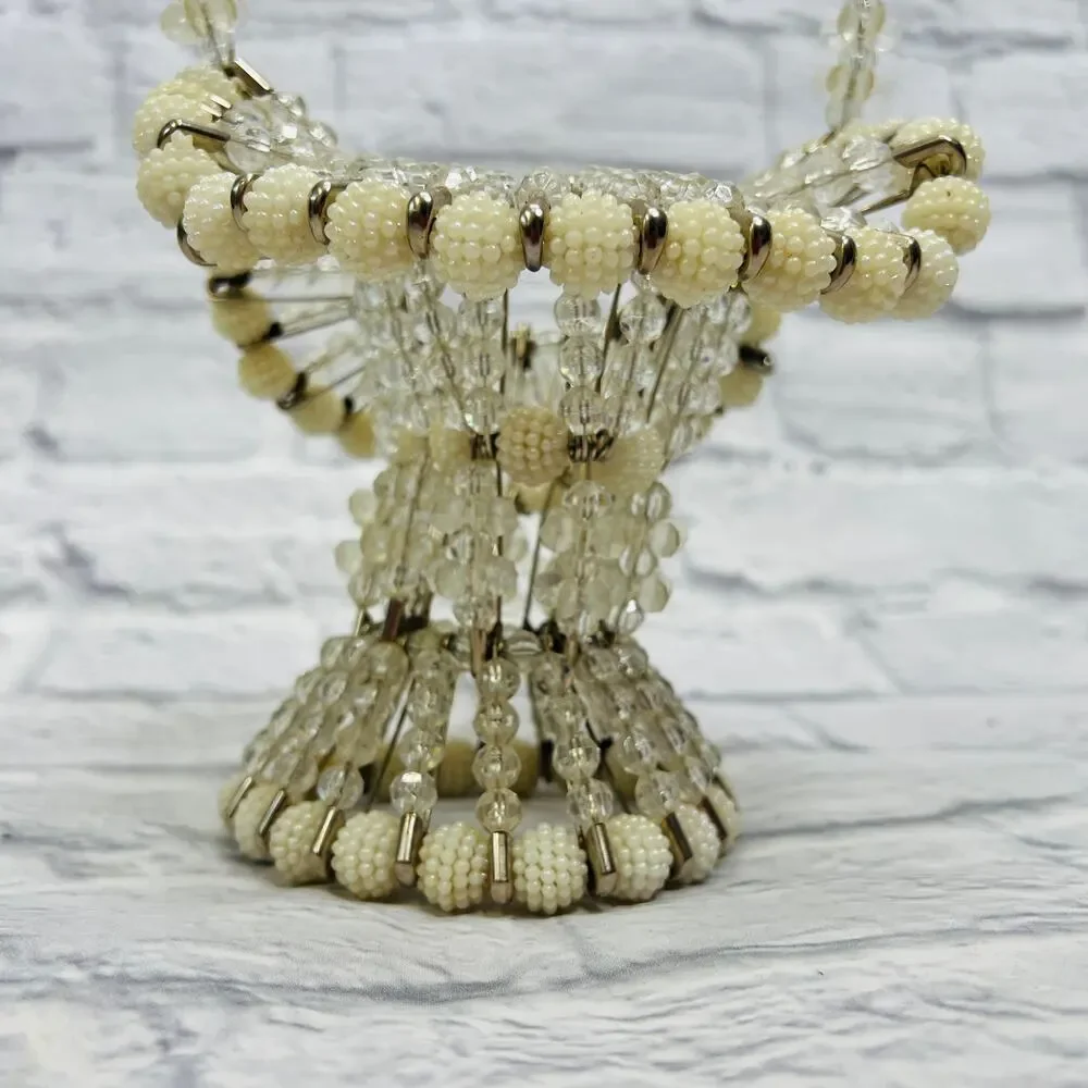 Vintage Handmade Beaded Safety Pin Basket Mid Century Pearl Silver 12